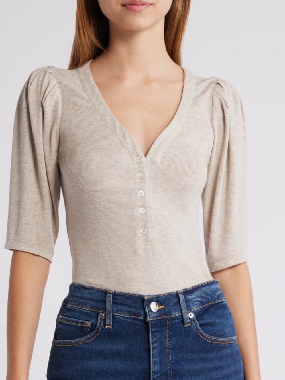 FRAME ribbed short sleeve ruched Henley top size small